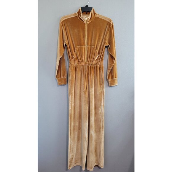 Velour Velvet Long Sleeve Zip-Up Wide Leg Onesie Jumpsuit W/ Pockets - Honey - Picture 2 of 12